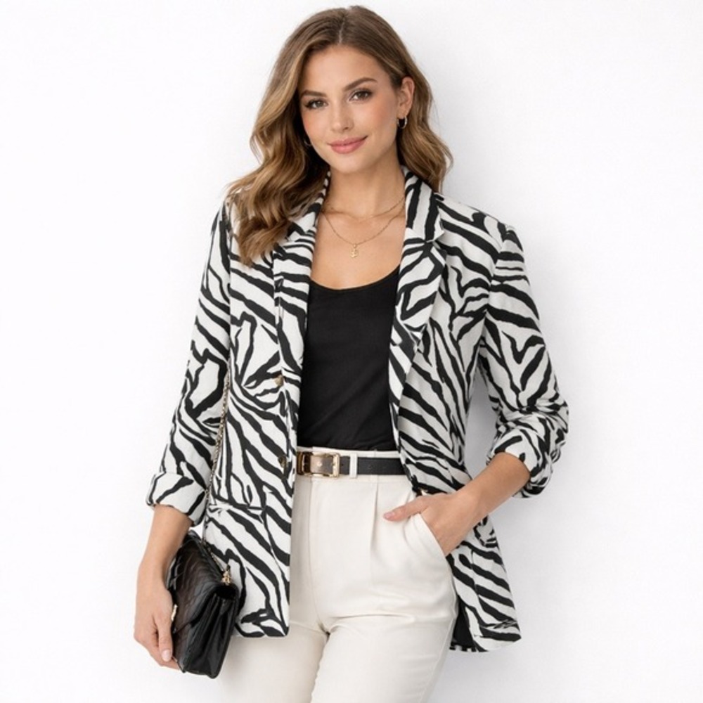 Rachel Zoe Zebra Linen Blend Open Front Blazer Women XS White Black 90s BoxyNEW